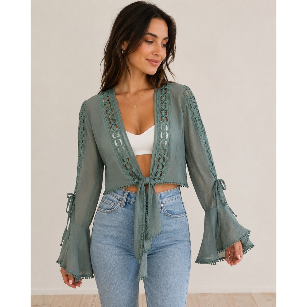 Boho Lace Tie Front Crop Top Womens Small Sage Green Bell Sleeve Sheer Blouse